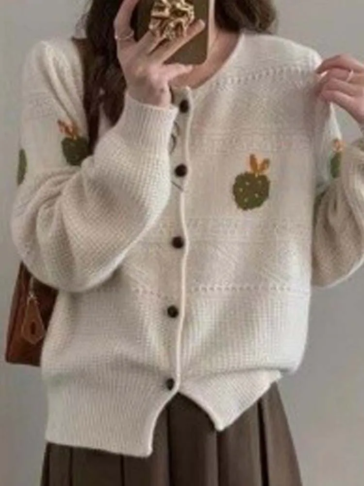 

Casual Knitted Cardigan Loose Single Breasted Round Neck Sweater 2022 Autumn New Korean Fashion Women'S Clothing