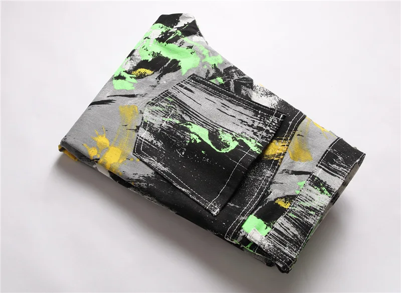 Mens Casual Jeans Mid Waist Trousers Oil Painting Rendering Style Slim Stretch Digital Printing malePencil Pants
