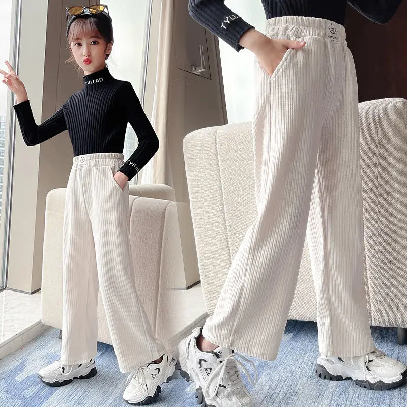 

Kids Girls White Long Pants 2022 New Children Casual Wide Leg Trousers Teenage Girls Black Velvet Pants Spring Autumn Clothes