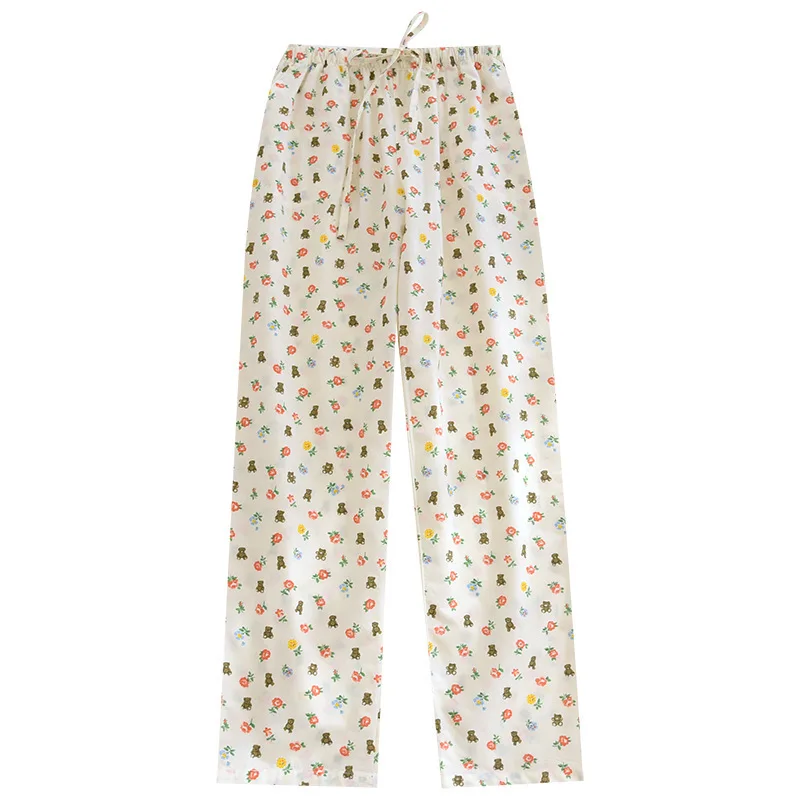 Plain Cloth Rural Floral Pajama Pants Female Summer Thin Encryption Cotton Side Pockets Home Large Can Be Worn Outside Trousers