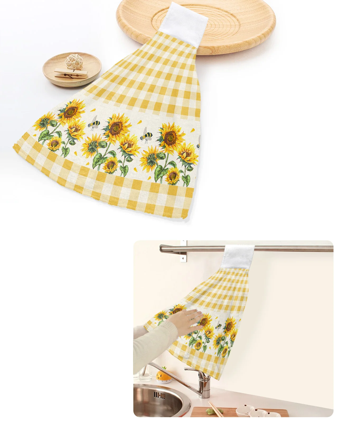 

Sunflower Watercolor Flower Bee Plaid Hand Towels Home Kitchen Bathroom Hanging Dishcloths Loops Absorbent Custom Wipe Towel