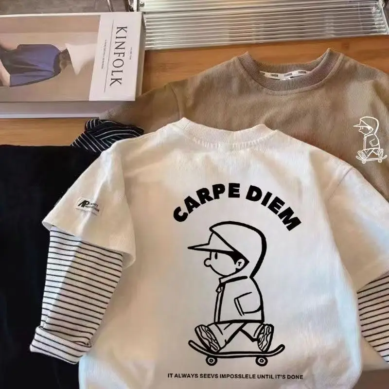 Хлопковая футболка с длинными рукавами для мальчиков на весну и осень стильная