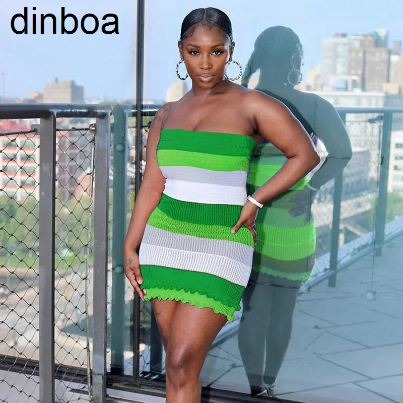 

Dinboa Liu, новый стиль 2023 года, женское Сексуальное Милое контрастное облегающее мини-платье в полоску, без бретелек