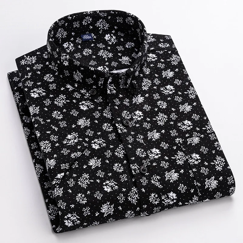 Summer floral men's shirt printing thin section young and middle-aged 100% cotton Hawaiian lapel fit men's short-sleeved shirt