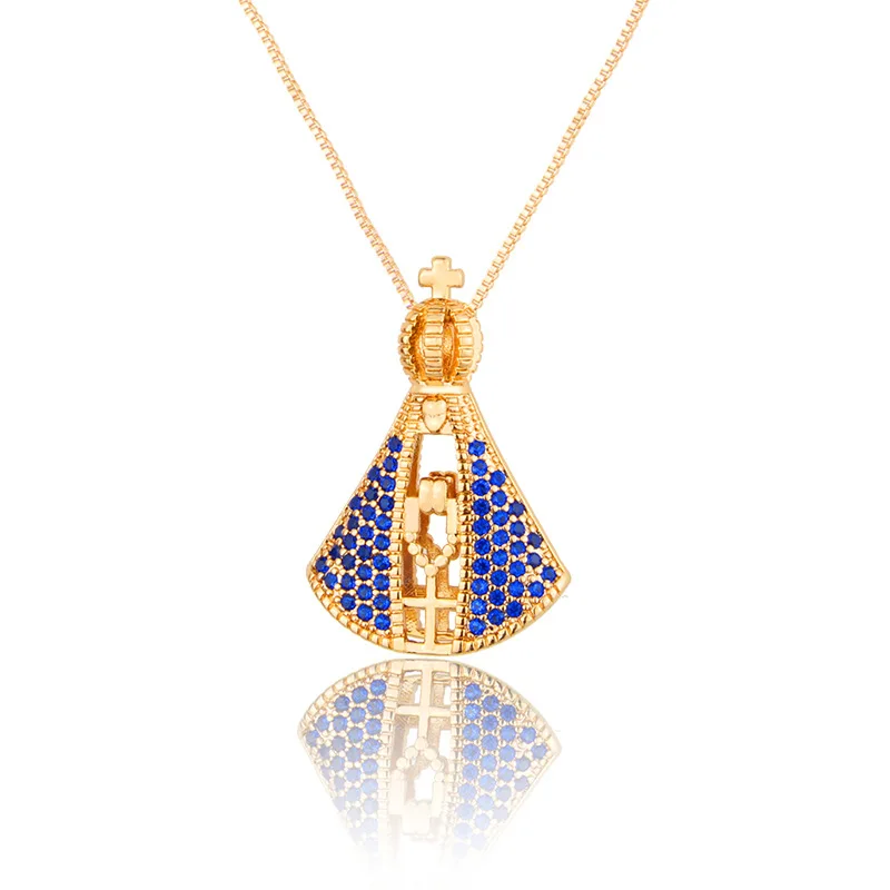 Double Sided Virgin Mary Pendant Necklace Blue Crystal Gold Christian Virgin Necklace Religious Faith Prayer Jewelry