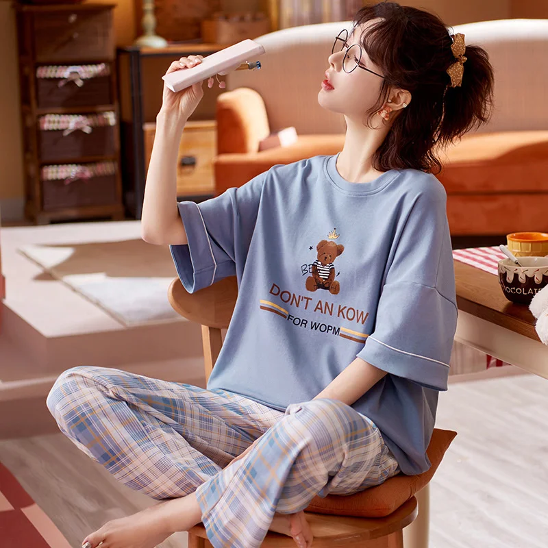 2022 new style pajamas women's summer short sleeved trousers pure cotton  cartoon cute girls can wear home clothes in summer