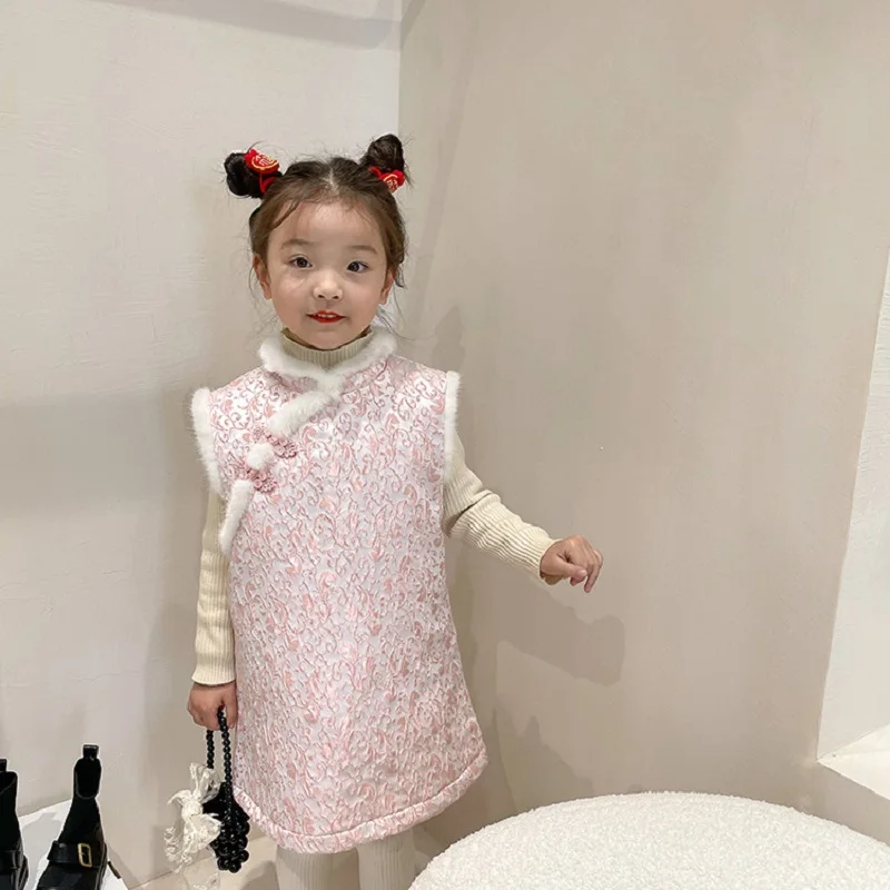

Free shipping 2022 Winter Thick Fake Fur Baby Girl Cheongsam Chinese New Year Role PlayTang Suit Cotton Vest Skirt 3-8 yrs Niña