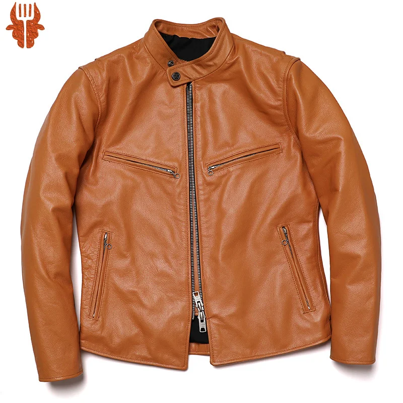 

2022 New Yellow Genuine Leather Jacket Man Calf Skin Motorcycle Jackets Men's Natural Cowhide Fashion Clothing Free Shipping