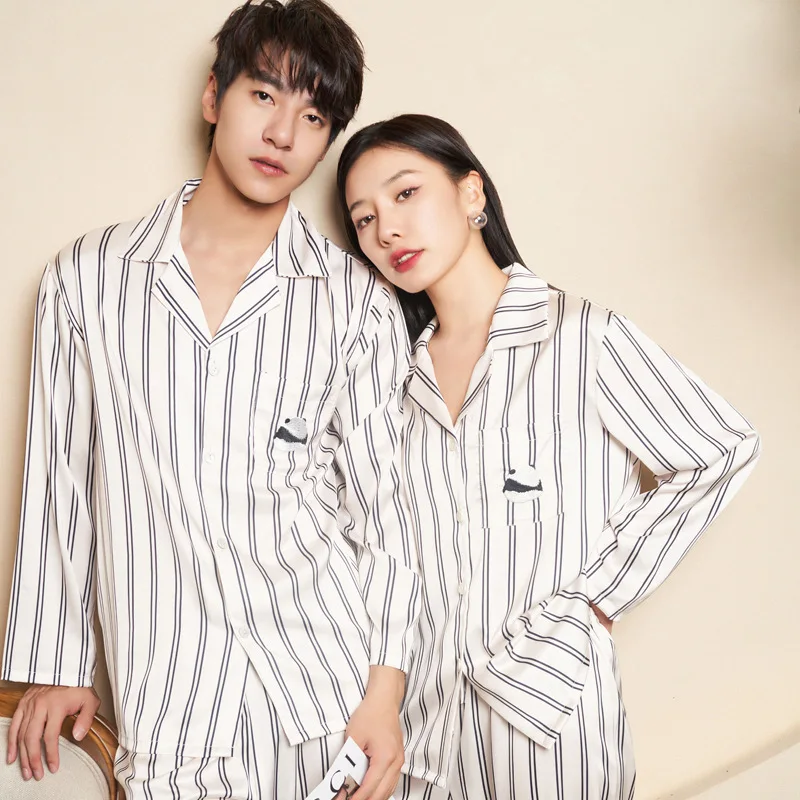 Panda Embroidery Couple Pajamas Long-sleeved Trousers Satin Pajamas Men's and Women's Home Clothes Suit Kawaii Clothes