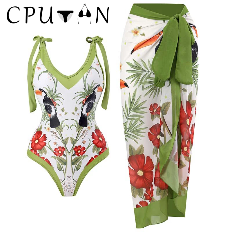 CPUTAN 2023 Vintage One-piece Swimsuit Sexy Green Print Bikini Set Cover Up Beach Dress Bathing Suit Fashion Deep-v Beachwear