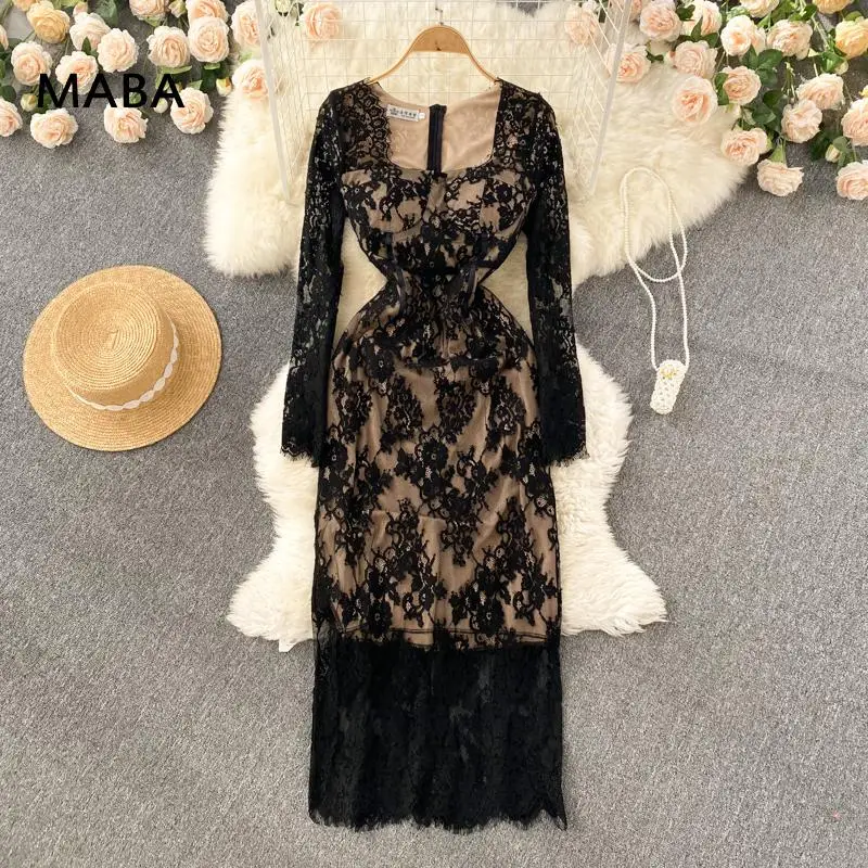 

Runway Black Lace Dresses Women Square Collar Long Sleeve Slim Elegant Square Collar Hollow Out Formal Pencil Long Dress Robe