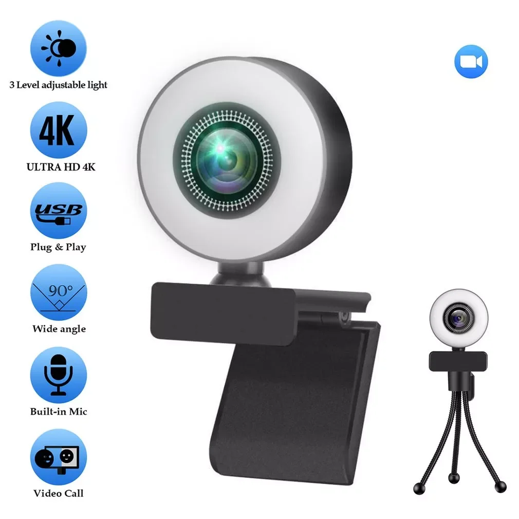 

Multifunctional Portable USB 2.0 Video Camera Black 2k HD Fill Light Computer Camera Driver Free Conference Live Webcam for PC