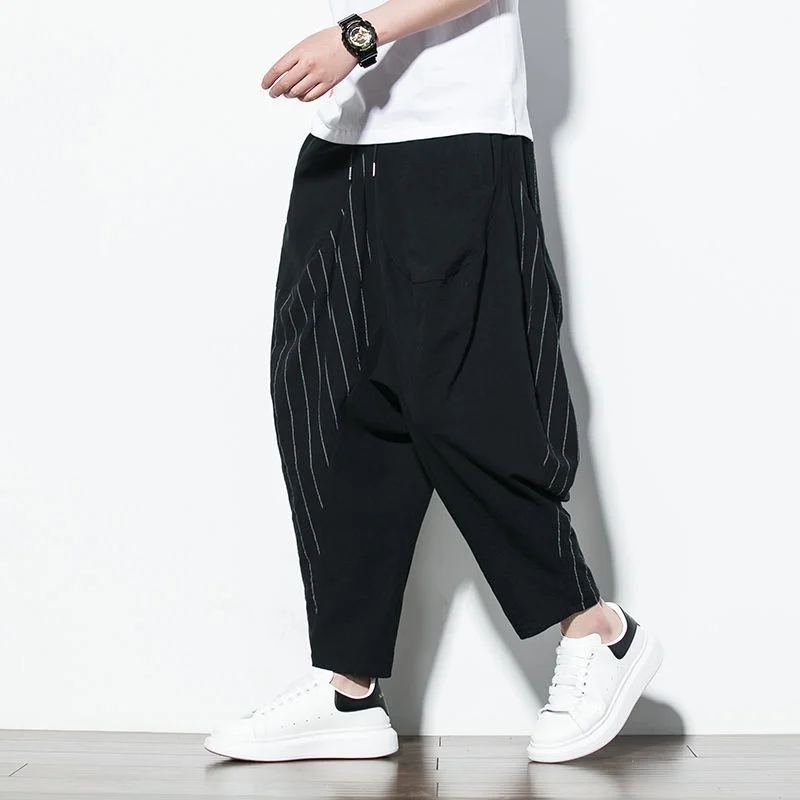 MrGB Striped Patchwork Men's Ankle-Length Harem Pants Cotton Linen Chinese Style Capris Large Size Vintage Summer Male Trousers