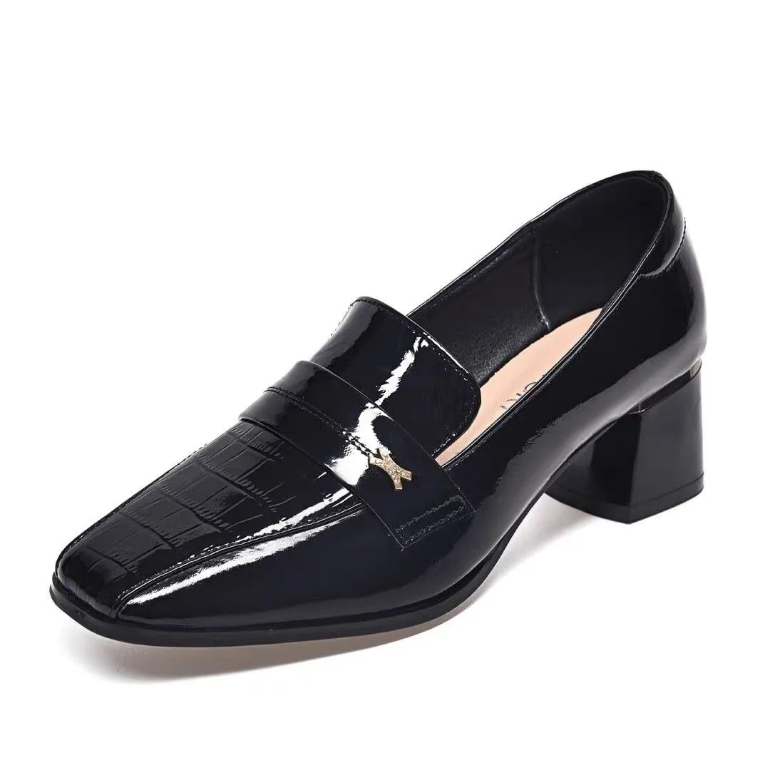 

2022 Bow-Knot belt buckle pumps woman office shoes chunky med-high heels shoes women japanned leather square toe talons hauts