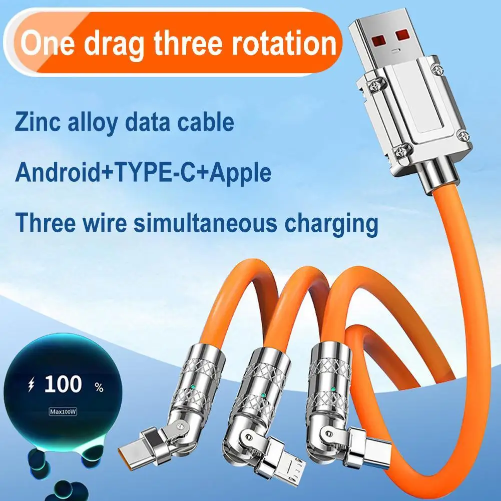 

3 In 1 Liquid Silicone Charger Cable 120W 6A Fast Charging Micro USB Type-C 90°Rotating Zinc Alloy Data Cable For IPhone Samsung
