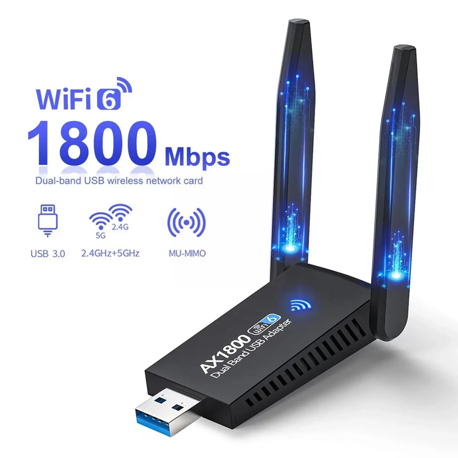 

USB WIFI 6 Adapter Dual Antenna Network Card AX1800 Dual Band 2.4G 5G Wifi Adapter for PC Laptop Tablet Game Controller W1A2