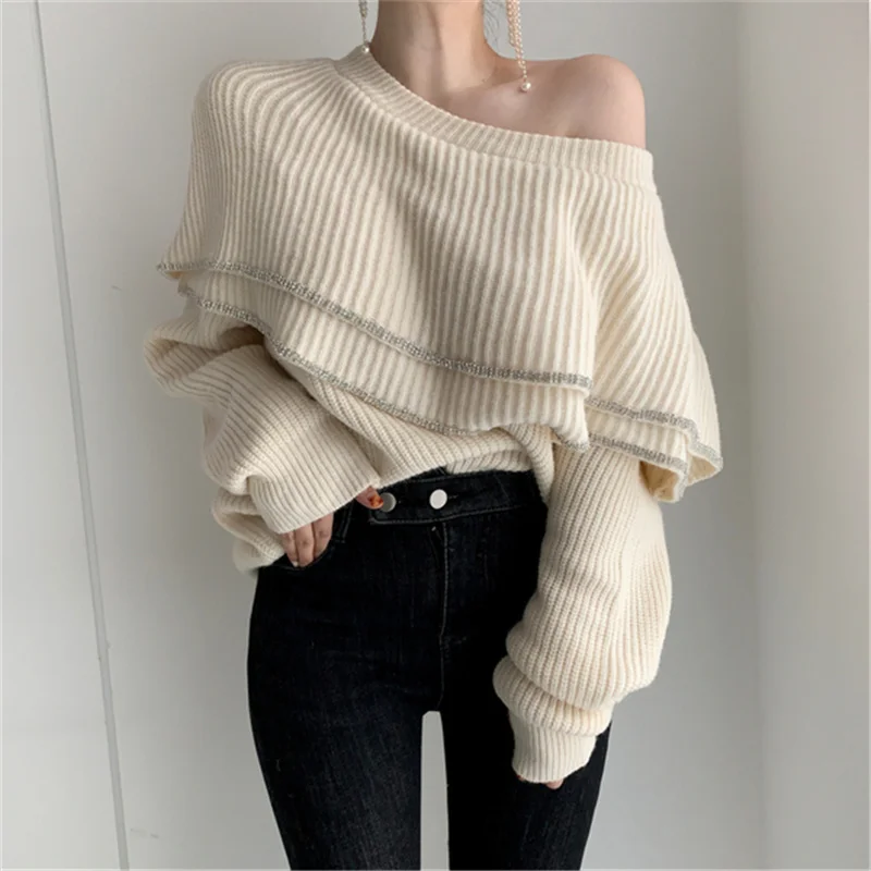 

Korean Fashion Off Shoulder Sweater Women's Autumn Winter 2023 New Casual Oversized Knitwear Ladies Ruffled Loose Pullover Tops