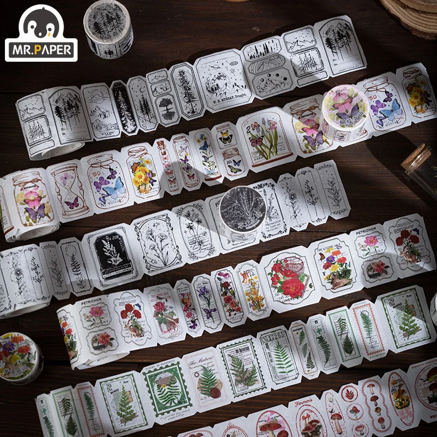 Mr.paper 6 Styles 200cm/Roll Aesthetic Flower Washi Stickers Literary Vintage Plants Hand Account Decoration Stickers Tape