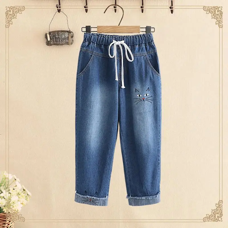 Женские джинсы с вышивкой кошки темно-светильник ние эластичные брюки из денима
