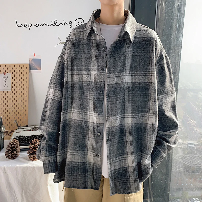 

Spring Cotton Plaid Shirts Men Fashion Multicolor Retro Casual Shirts Mens Streetwear Korean Loose Long Sleeve Shirts Men M-2XL