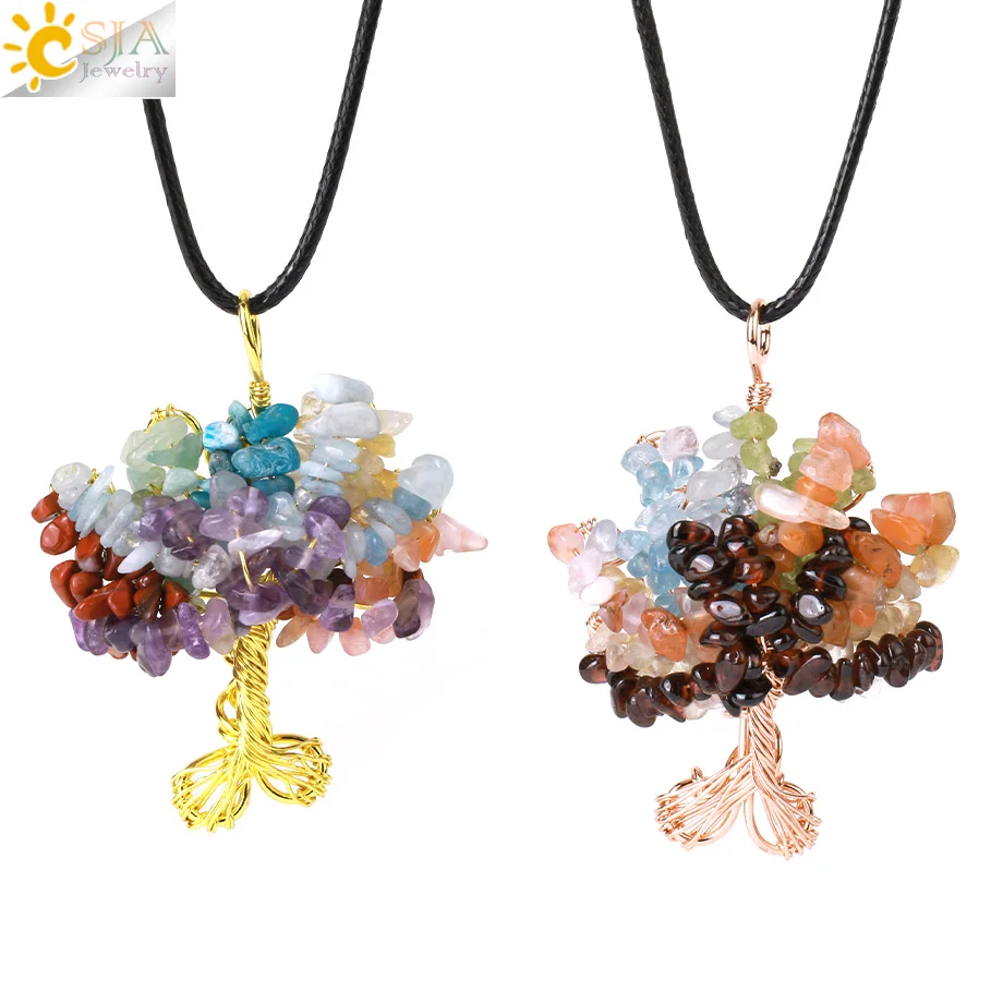 CSJA 7 Charkra Древо жизни кулон ожерелье натуральный камень чип Бисера провода обернуть подвески из серебра ювелирные изделия для мужчин женщин H100