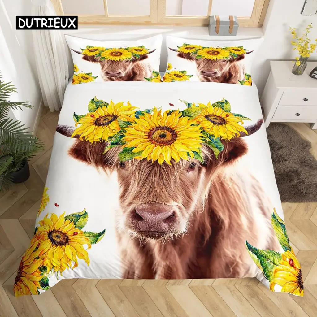 Highland Cattle Duvet Cover Set Cute Floral Cow Twin Bedding Yellow Sunflower Comforter Animal Polyester Quilt
