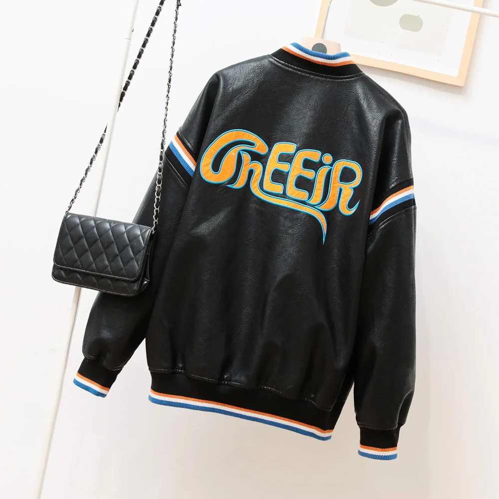 2023 autumn clothes new handsome loose version type couple's leather clothes women's baseball leather jacket tide coat