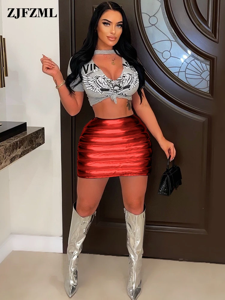 

Streetwear 2000s Girls Bronzing Metallic Puffer Skirts Y2K Clothes 2022 Fashion High Waist Pleated Push Up Body-shaping Bottoms