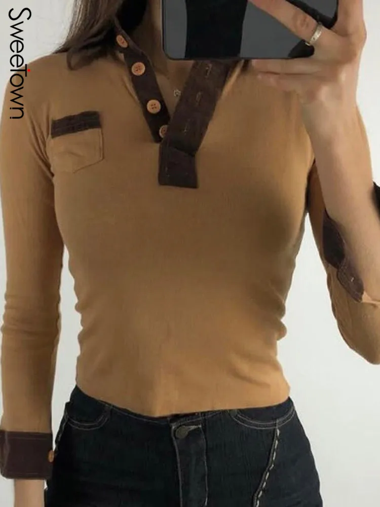 

Футболка женская в стиле пэчворк, с длинным рукавом и V-образным вырезом