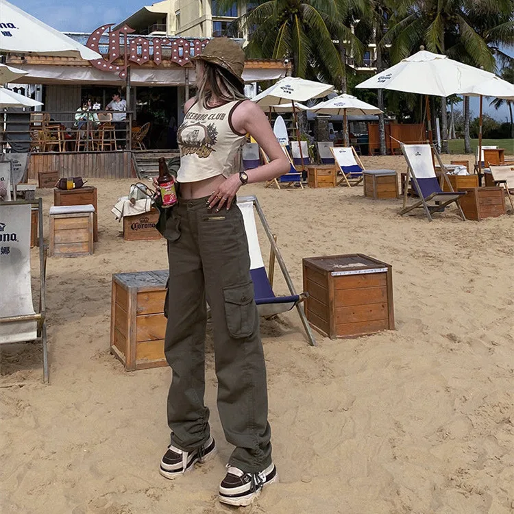 

Брюки-карго женские в американском ретро стиле, повседневные однотонные штаны с завышенной талией, с множеством карманов, на завязках, улич...