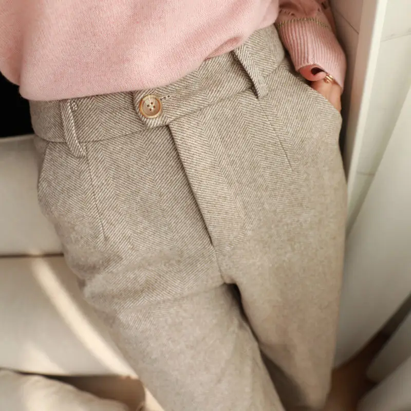 

Herringbone Pattern Wool Harem Pants Women's Autumn New High-waisted Thin-footed Suit Pants Loose Casual Cigarette Pipe Pants