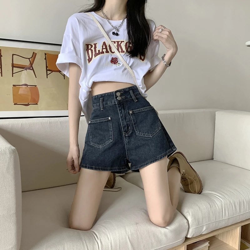 Heard Future 2023 Spring Summer Shorts Women High Waisted Blue Gray Straight Wide Pants Denim Short Korean Version Loose Commute