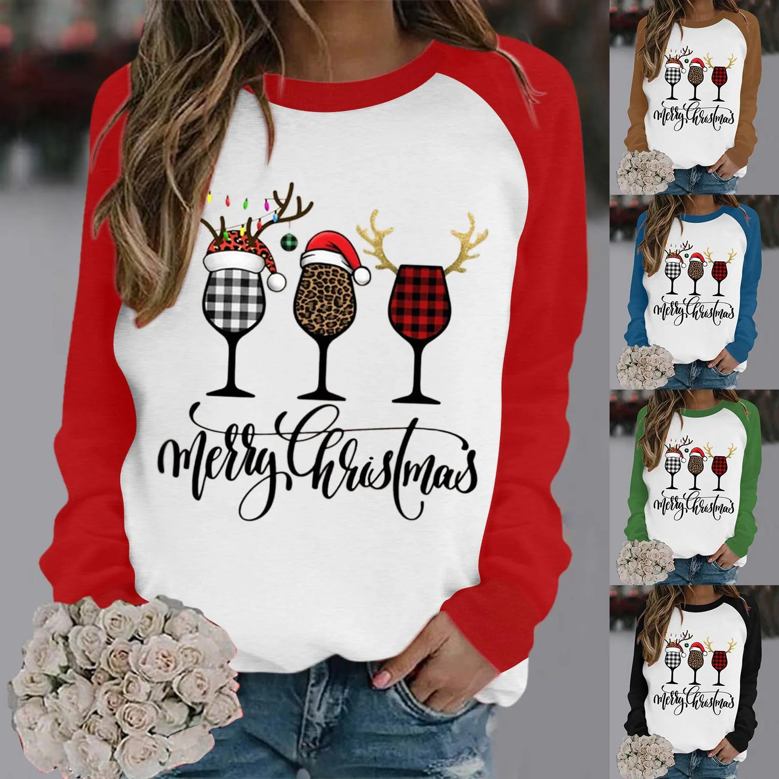 

Женский Легкий свитшот, Женский Рождественский свитшот с графическим рисунком, повседневный пуловер с круглым вырезом, свободный Состарен...