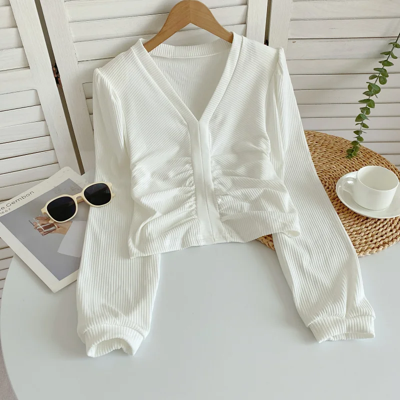 

French Vertical Stripe Fashion Blouse Shirt Women's 2023 Autumn Basics Pleated V-neck Puff Sleeve Short Fit Solid Blouse Women