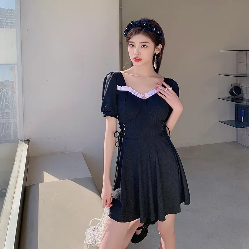 

Korea Style Solid One Piece Swimsuit Women Sexy High Neck Folded Beach Swimwear Skirt Monokini Push Up Pad Bikini Suit