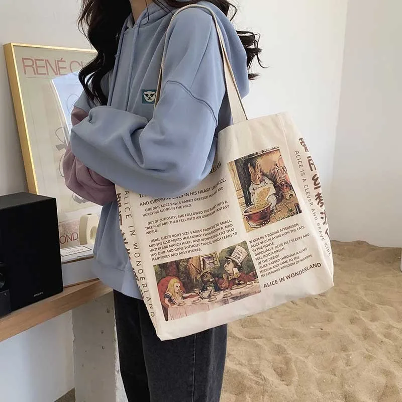 New Design Women Canvas Shoulder Bag Alice in Wonderland Shopping Bags Students Book Bag Cotton Cloth Handbags Tote for Girls