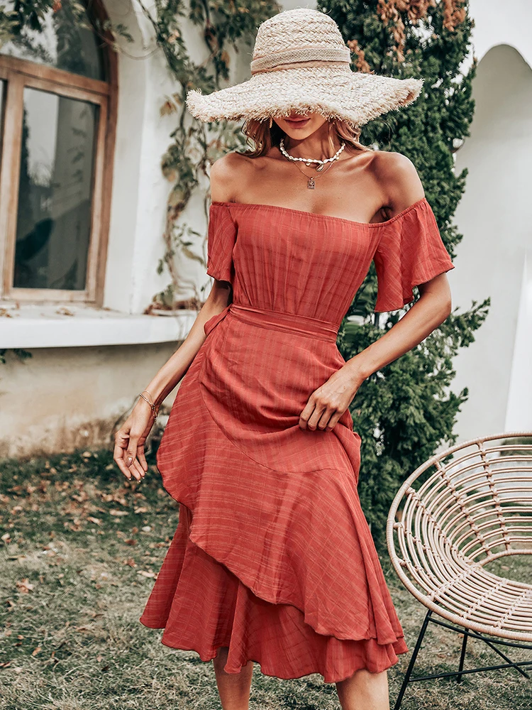 

Jastie/летнее женское платье с вырезом лодочкой, короткий рукав, с открытыми плечами, сексуальный элегантный пояс, Vestidos, высокая талия, пляжные ...