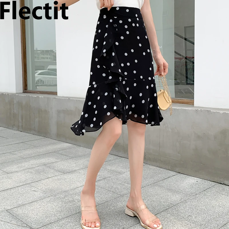 

Flectit Asymmetric Polka Dot Skirt With Ruffled Hem Knee Length High Waist A-line Skirts French Women Vintage Outfit