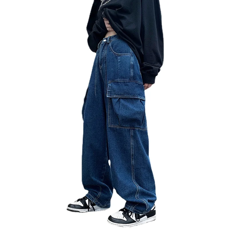 High Street Retro Casual Large Pocket Overalls Men's and Women's New Summer High Waist Loose Straight Tube Draped Striped Jeans