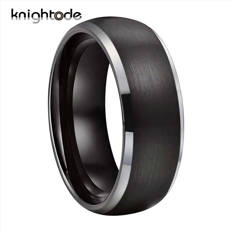 

6mm 8mm Black Tungsten Carbide Ring For Women Men Wedding Bands Silvery Beveled Edges Polished Dome Brushed Surface Comfort Fit