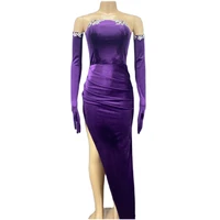purple velvet rhinestone dress sexy side split evening prom party dresses luxury women dancer stage outfits costume