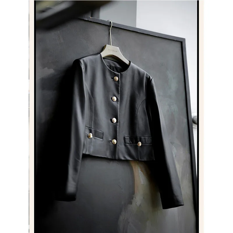 Black Round Neck PU Leather Jacket Women 2023 Autumn New Long Sleeve Casual Loose Vintage Motorcycle Jackets Single Breasted