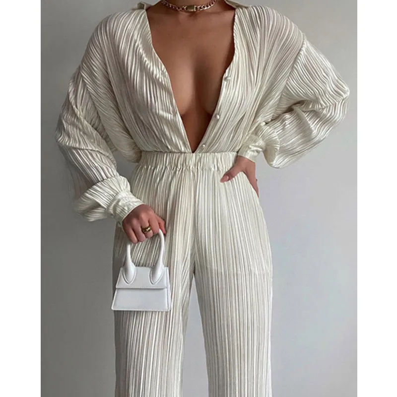 

Green Women's Shirt Pleated Two Piece Set Loose High Waist Wide Leg Pants Suit 2022 Casual Elegant Office Ladies Female Outfits