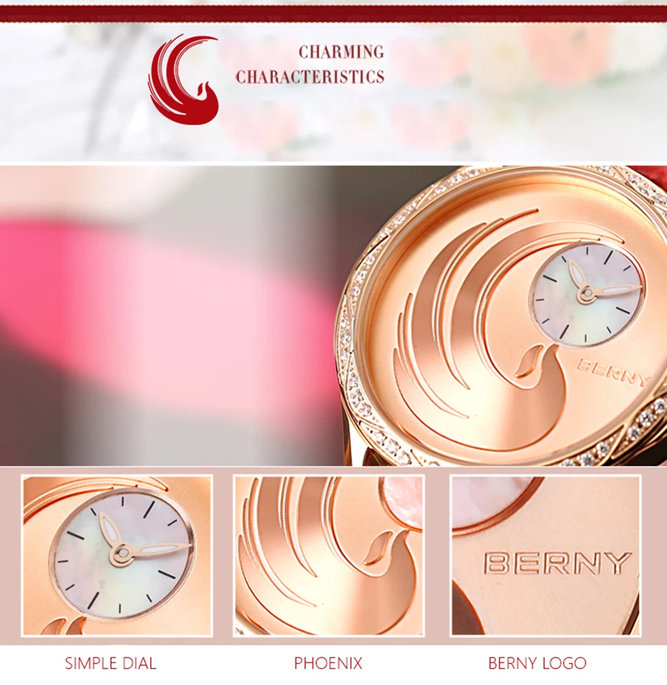 BERNY Women Quartz Japan Miyota Watch Phoenix Clock Top Brand Luxury Diamond Leather Strap Waterproof Ladies Fashion Wristwatch