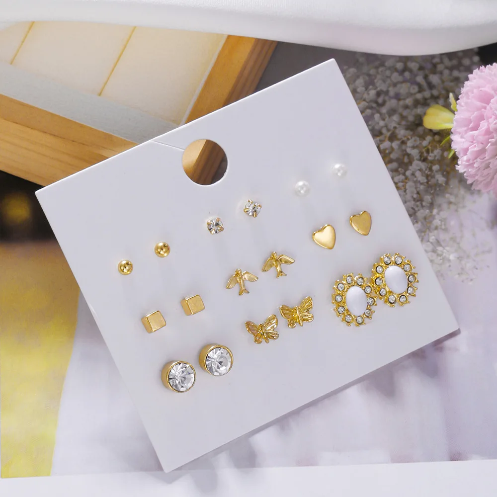 

Charmsmic 9 Pairs/Set Square Round Samll Stud Earrings For Women Young Girls Office Lady Zircon Bird Heart Design Ear Jewelry