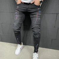 new mens jeans mens four seasons black casual travel print button sports pants ripped jeans stretch skinny pencil pants denim