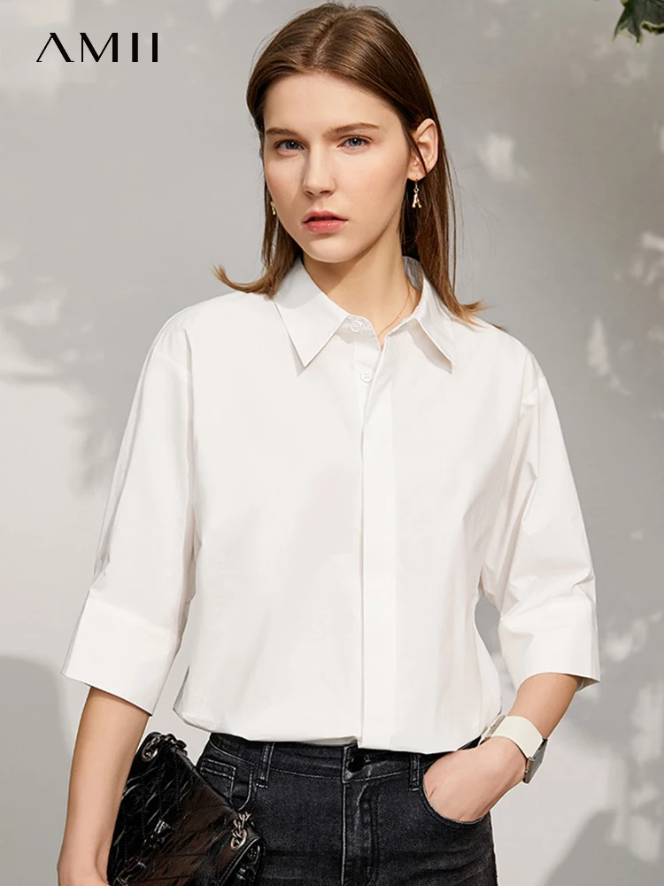 Женская рубашка в минималистском стиле AMII, новинка весны 2023, элегантные и молодежные женские блузки, офисные женские рубашки и блузки из 100% хлопка, 12270205