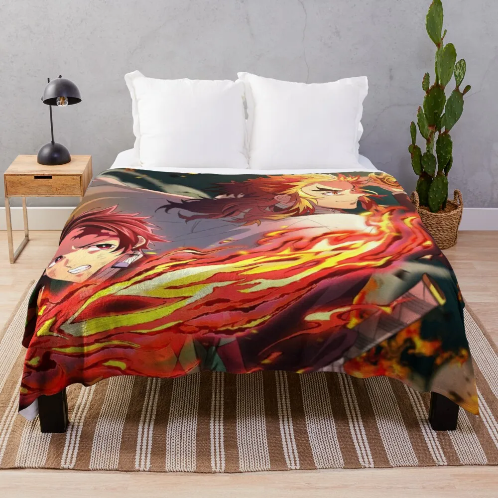 

Bed Boho Blanket Soft Flannel Baphomet Rengoku And Tanjiro Demon Slayer Throw Blankets