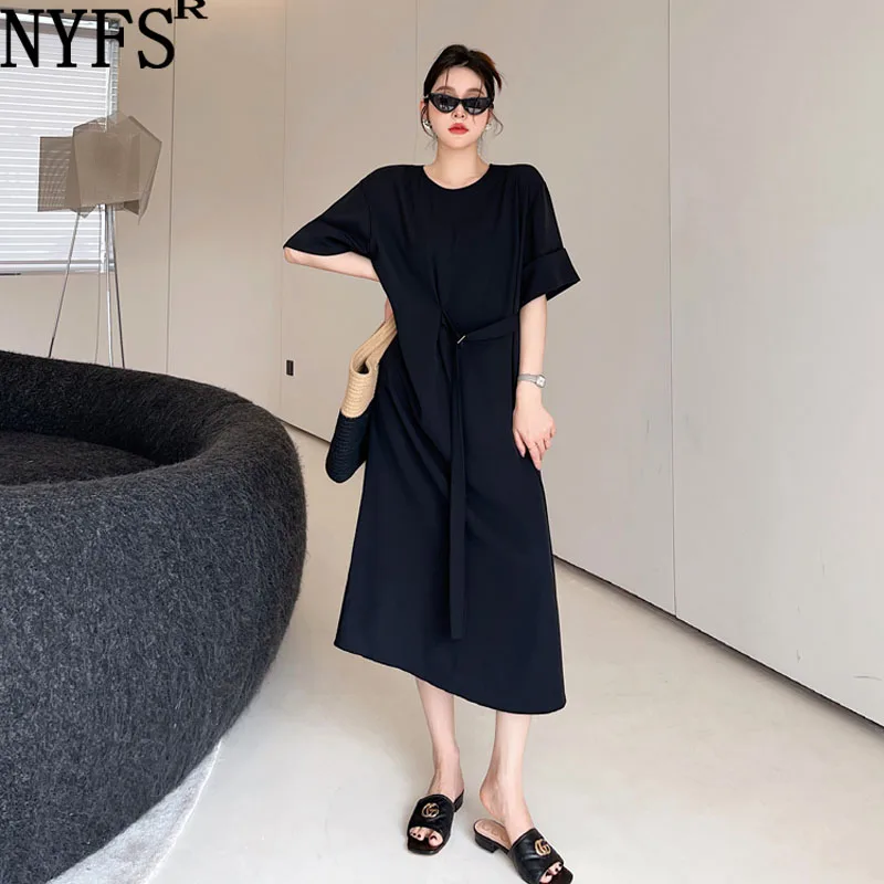 

NYFS 2022 New Summer Korea Woman Dress Vestidos Robe Ete Femme Elbise Loose Cotton Solid Color Short Sleeve Long Dresses