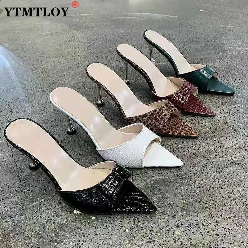 

Women slippers Snake Print Strappy Mule high heels Slippers Sandals flip flops Pointed toe Slides Party shoes Woman Casual